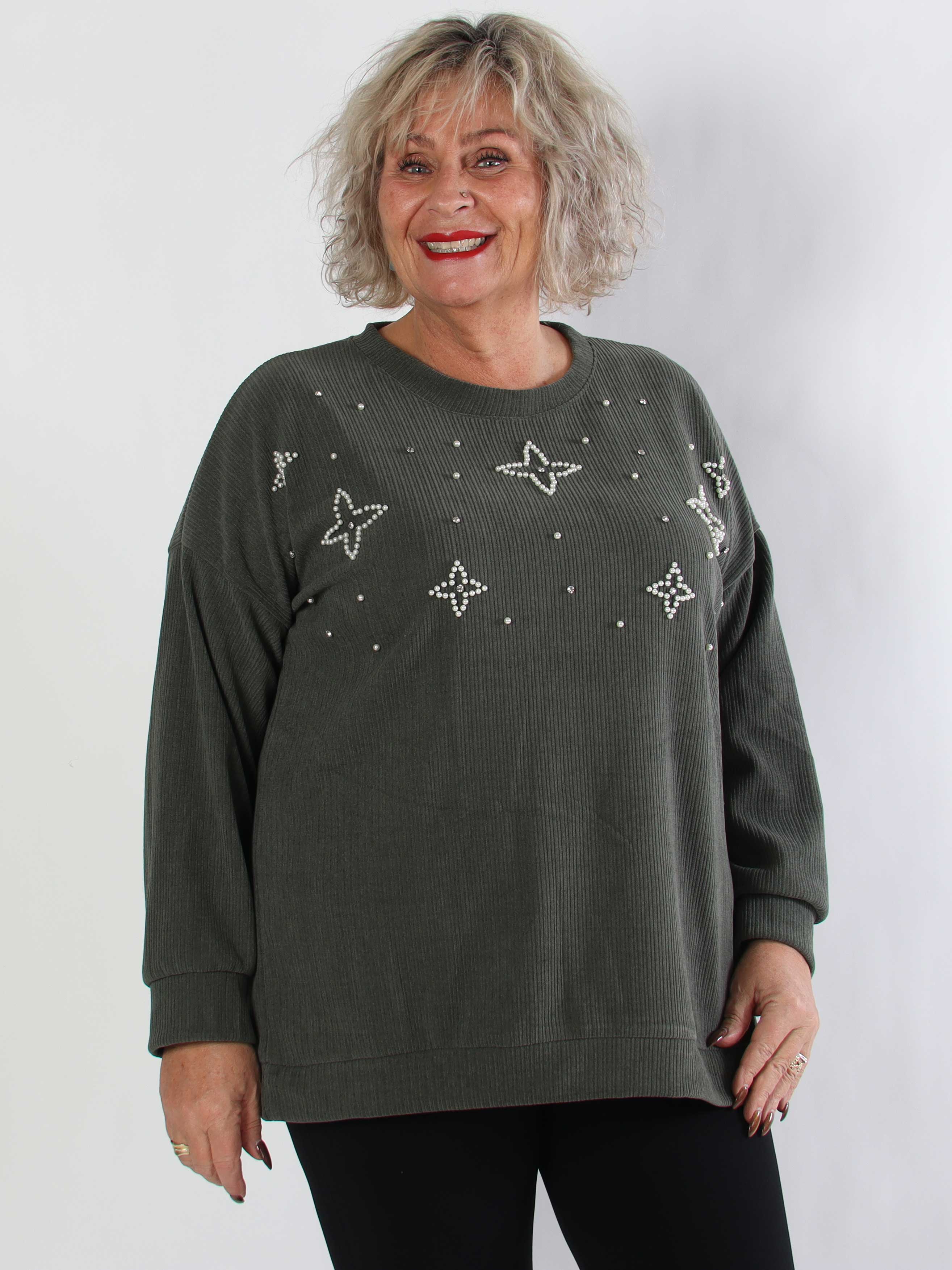 Uma - Fløjl plus size bluse med perler og similisten